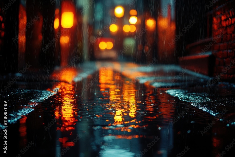 Fototapeta premium Moody rainy night in urban alley with glimmers of streetlight reflections