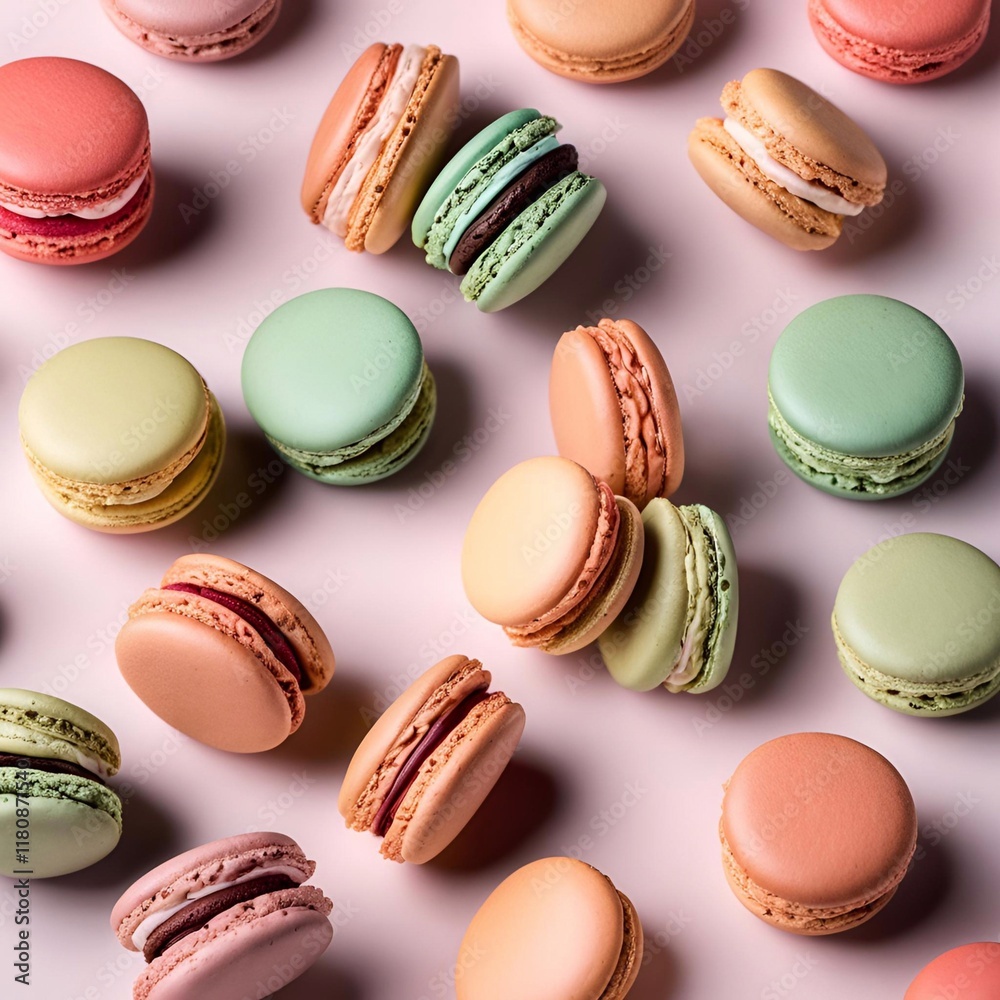 Pastel Delight: An array of vibrantly colored macarons, each a delicate confection, graces a soft pink backdrop, creating a visual symphony of sweetness and elegance. Pastel Delight: An array of vibrantly colored macarons, each a delicate confection, graces a soft pink backdrop, creating a visual symphony of sweetness and elegance.