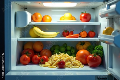 Grosso ventre si apre su un frigo con vari alimenti all'interno, acqua, pasta photo