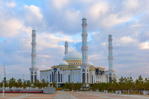 The famous Khazret Sultan Mosque in the capital of Kazakhstan Astana early in the morning photo