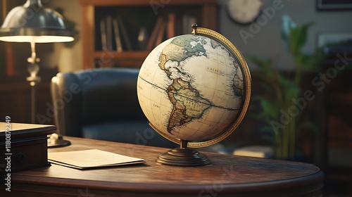 Vintage Globe on Wooden Desk in Study