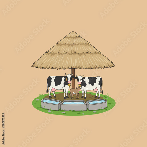 Two cows and their young calf rest under a thatched roof shelter near water troughs on a grassy patch.
