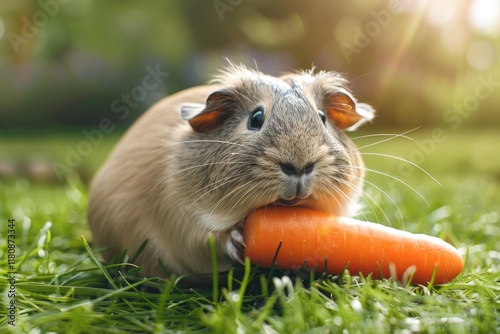 Funny fat guinea pig with a carrot in summer