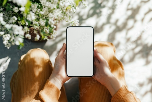 Woman is holding a white cell phone in her hand