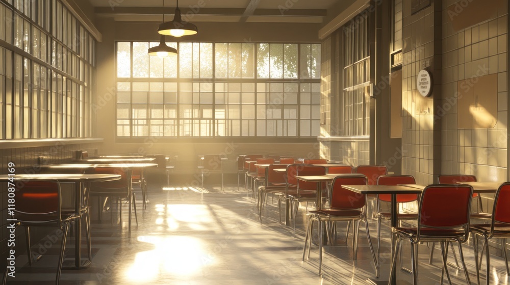 A sunlit interior with empty tables and chairs, creating a calm atmosphere. A sunlit interior with empty tables and chairs, creating a calm atmosphere.
