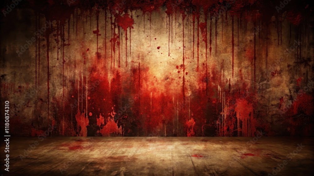 Obraz premium Bloodstained Room Grungy Wall with Dripping Red Paint and Dark Floor