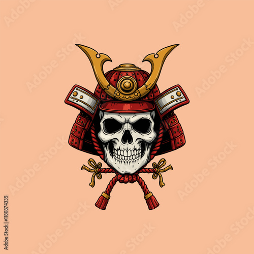 A stylized illustration of a human skull wearing a red and gold samurai helmet with a rope tied beneath.