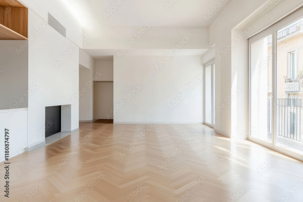 Large, empty room with a fireplace and a window Large, empty room with a fireplace and a window