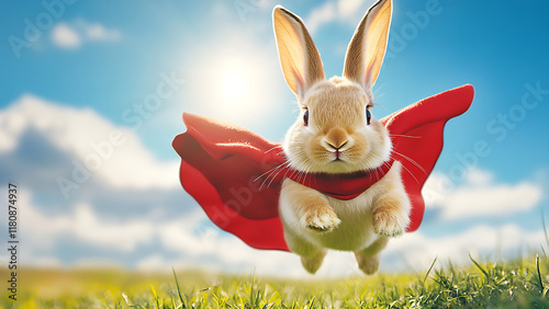 A cute rabbit wearing a red robe is jumping on the grass field.