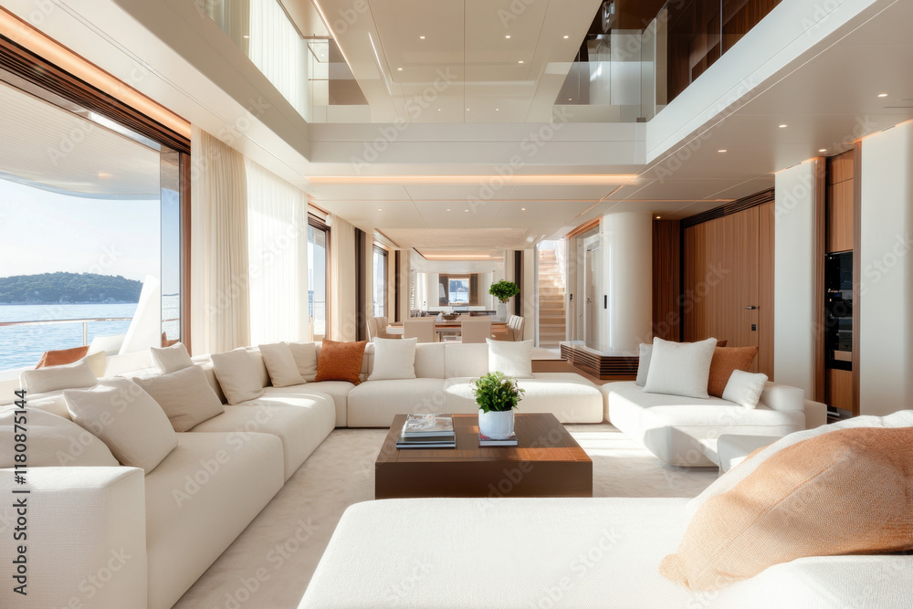 Fototapeta premium Large white living room with a view of the ocean