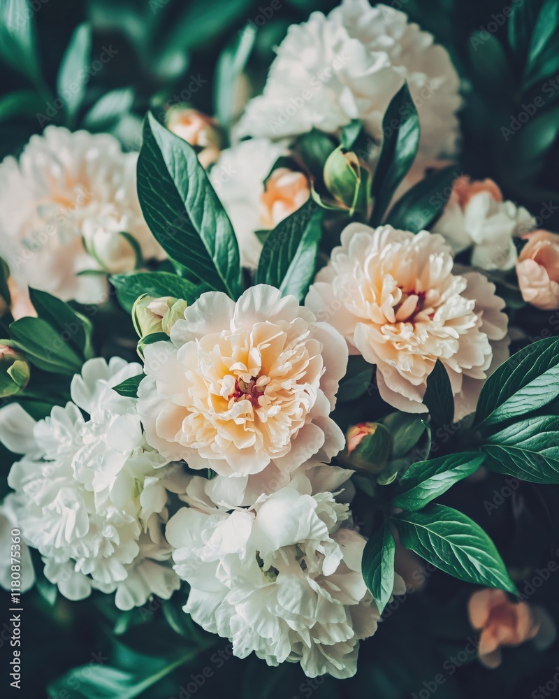 Fototapeta premium Soft Peony Blossoms with Green Leaves in a Delicate Floral Arrangement Background