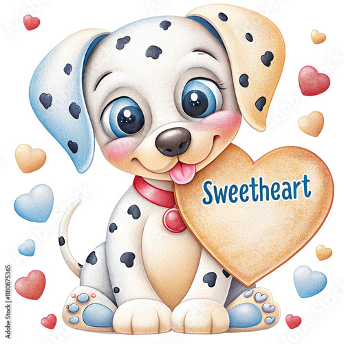 Adorable Dalmatian Puppy with Heart - Cute cartoon Dalmatian puppy, holding heart, love, affection, valentines, pet. photo