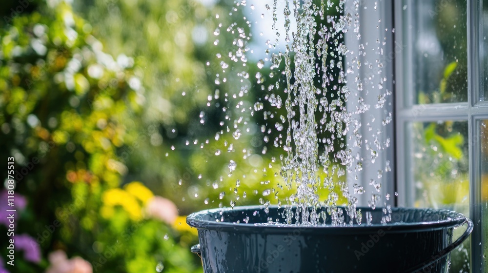 Water droplets falling into a bucket near a window, surrounded by greenery. Water droplets falling into a bucket near a window, surrounded by greenery.