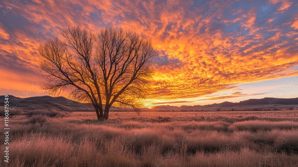 Fiery sunrise over plains, lone tree, mountain backdrop, nature scene Fiery sunrise over plains, lone tree, mountain backdrop, nature scene
