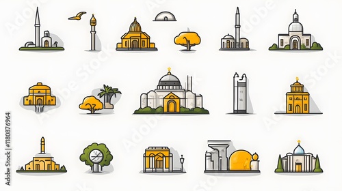 Collection of line art illustrations depicting various mosques and Islamic architecture. photo