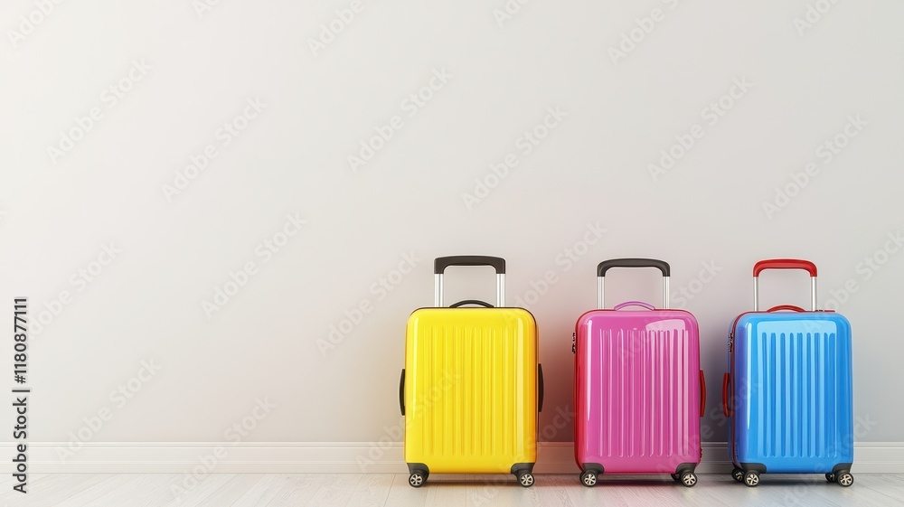Stylish modern suitcases neatly arranged on the floor against a bright, light-colored wall. Stylish modern suitcases neatly arranged on the floor against a bright, light-colored wall.