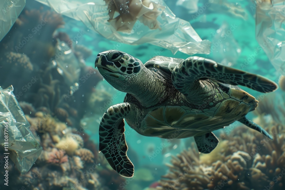 Obraz premium Ocean plastic pollution harms turtles mistaking bags for food.