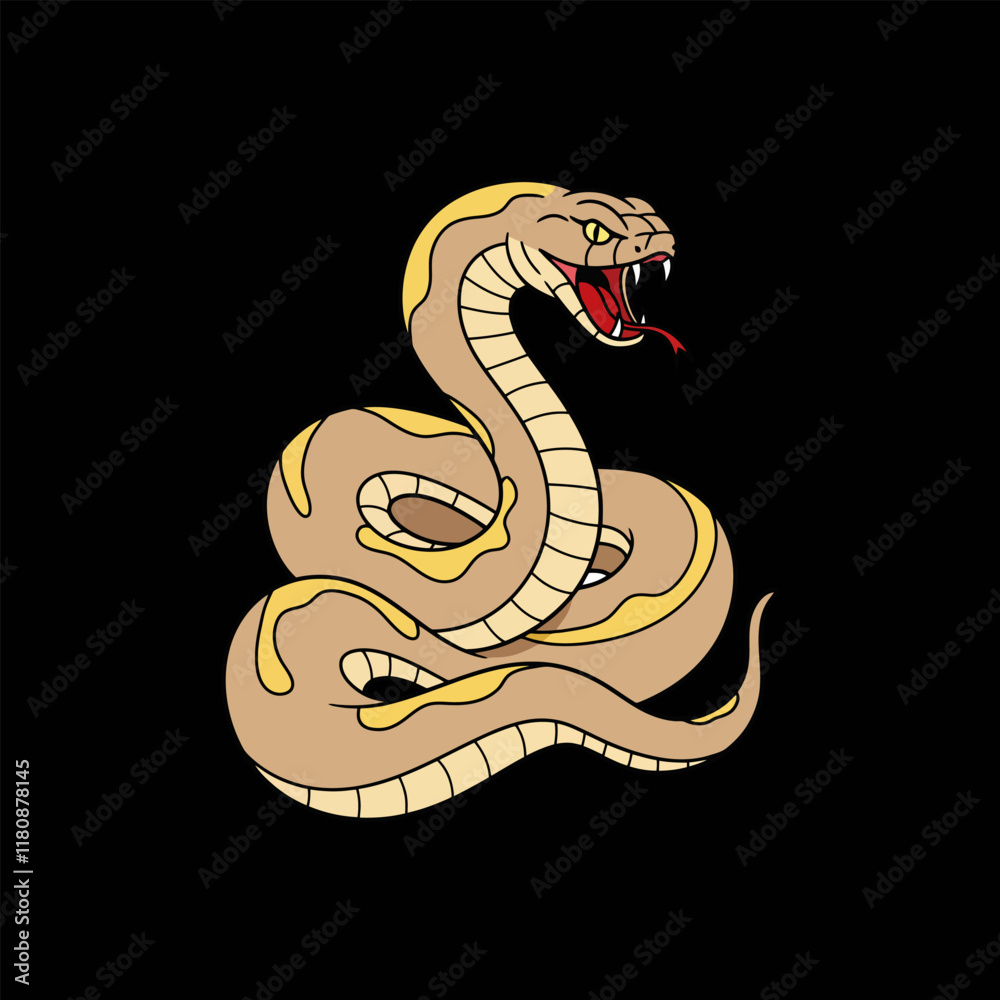 Fototapeta premium A stylized illustration of a tan snake with yellow accents coiled and displaying its fangs against a black background.