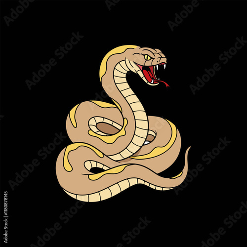 A stylized illustration of a tan snake with yellow accents coiled and displaying its fangs against a black background.