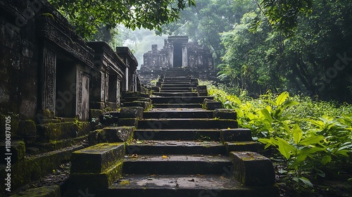 Ancient Stone Steps Leading to a Mystical Temple in Lush Jungle
