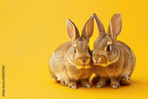 two Cute rabbits on a bright yellow background in a bow. funny animal