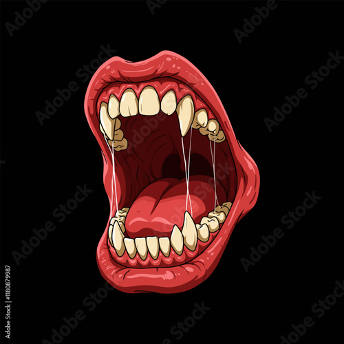 A stylized illustration of a wide open mouth with prominent fangs, red lips, and a visible tongue.