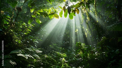 Sunbeams Illuminating Lush Rainforest Canopy