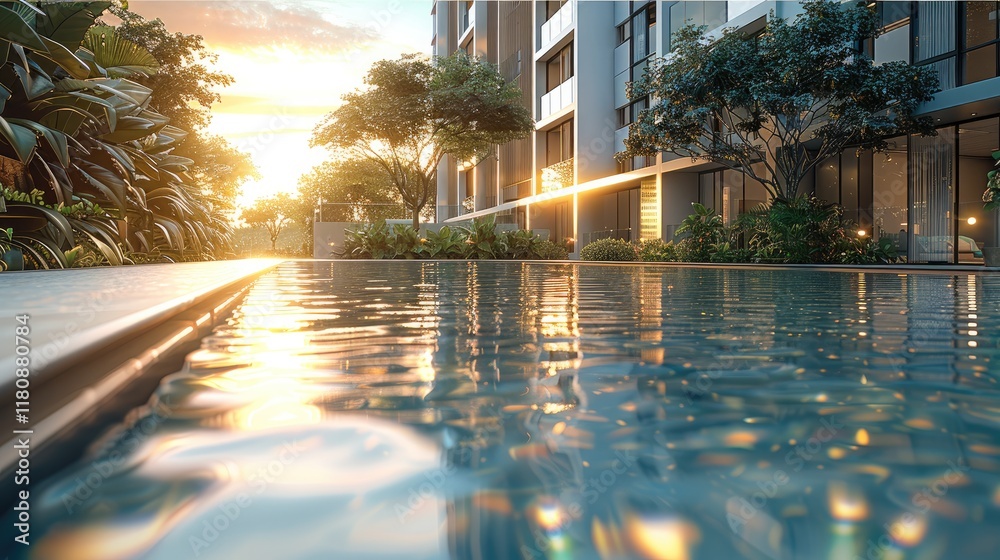 A tranquil pool of water shimmering with delicate golden flecks under soft dawn light, the reflection of a contemporary high-rise luxury building glinting in the backdrop. A tranquil pool of water shimmering with delicate golden flecks under soft dawn light, the reflection of a contemporary high-rise luxury building glinting in the backdrop.