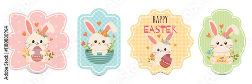 Set of Easter gift tags and labels with cute cartoon bunny. Easter greetings with bunny, eggs and flowers.