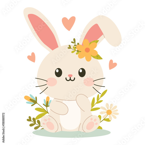 Cute cartoon bunny. Easter greetings with bunny, eggs and flowers.