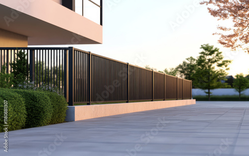 Modern outdoor patio with black railing and landscaped greenery at sunset