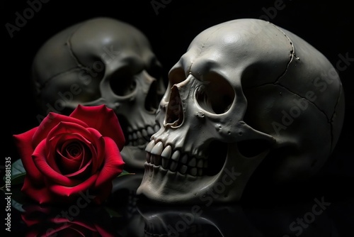 Skull with a single red rose next to it on a black background, blackandwhite, skull, skulls photo