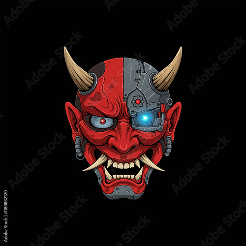 A digital illustration depicts a fusion of a traditional Japanese oni mask and a cyborg, showcasing a blend of ancient and futuristic elements.