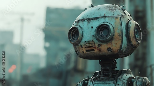 Rusty Robot in a Post-Apocalyptic Cityscape