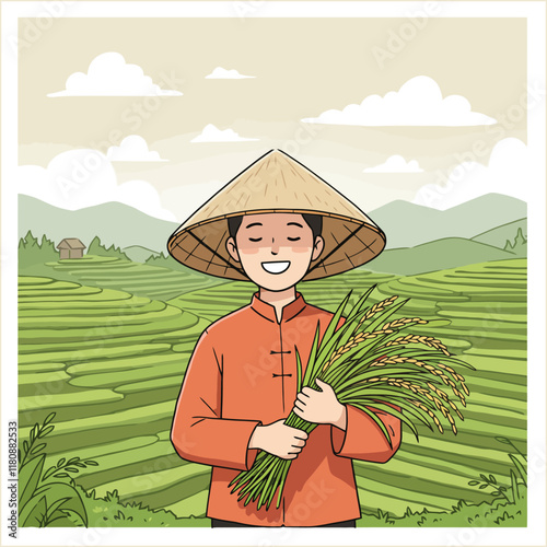 A smiling Asian farmer in traditional clothing holds a bundle of rice in beautiful rice paddies.