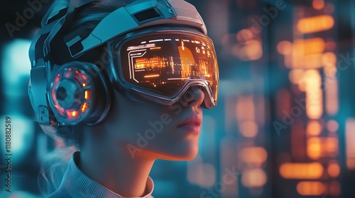 Futuristic Woman in Advanced Headset, Neon Cityscape Background