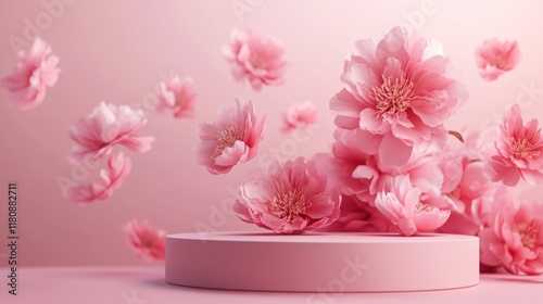 Pink Blossom Dream: An ethereal display of pink flowers gracefully floating around a minimalist pink pedestal, creating a serene and dreamy atmosphere.