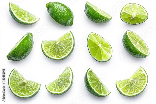 Fresh Green Limes Sliced on White Background with Whole Limes and Lime Halves