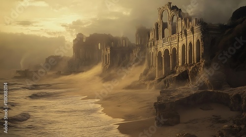 Ancient Ruins by the Sea: A Post-Apocalyptic Coastal Scene