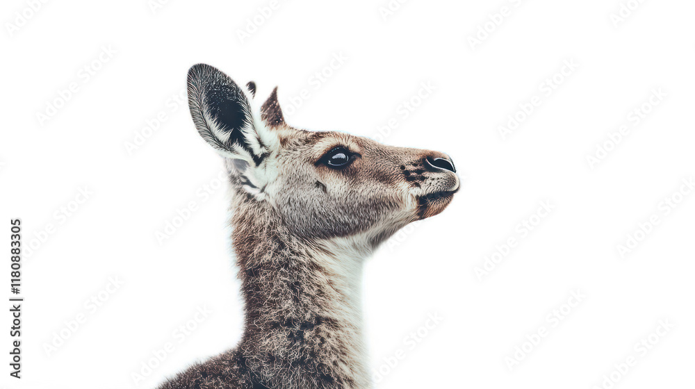 Obraz premium Majestic Profile of a Graceful Kangaroo against a Pure Black Background, Highlighting Its Big Eyes and Soft Fur in Stunning Detail