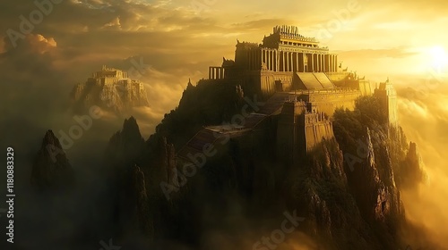 Golden Mountaintop Citadel: A Majestic Sunset Fantasy
