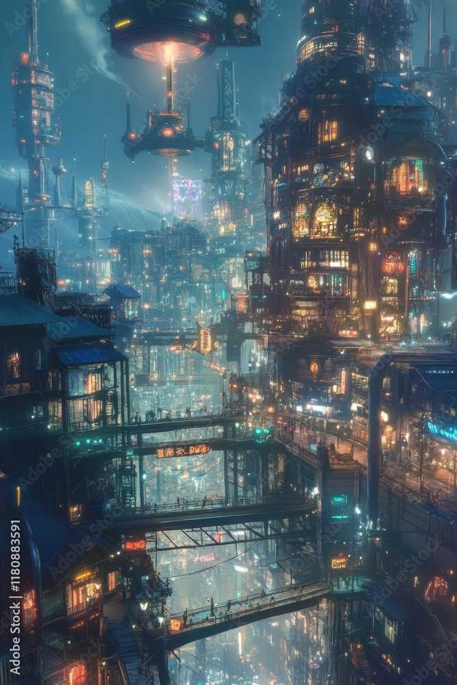 Fototapeta premium Futuristic Cityscape At Twilight With Elevated Pedestrian Bridges And Flying Vehicles