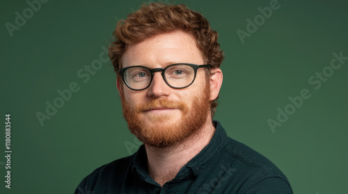 Professional Headshot of a Confident Young Man with a Red Beard and Glasses Posed Against a Solid Green Background for Use in Marketing and Business Profiles