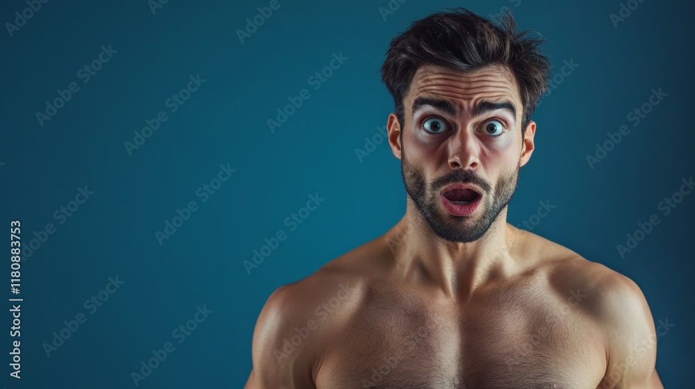Obraz premium Man With Surprised Expression Against Solid Blue Background With Dark Hair and Bare Chest Showing