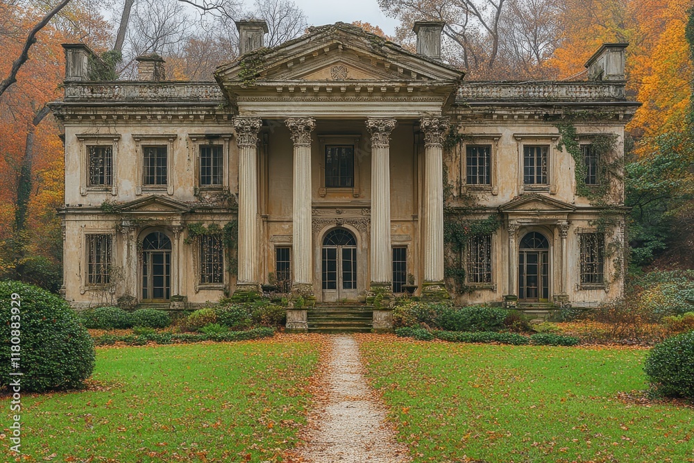Fototapeta premium Decaying mansion surrounded by autumn foliage in a tranquil setting