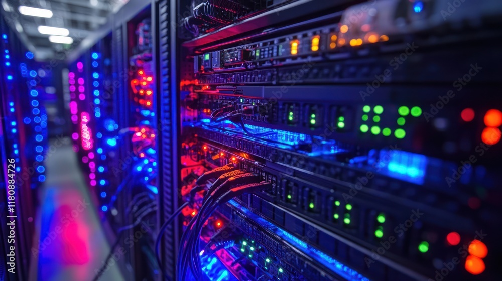Fototapeta premium Data center server rack network lights cables