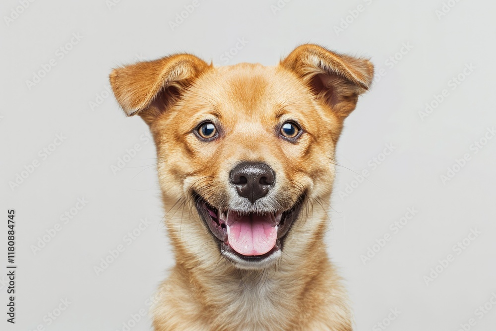 Detailed Visual of Portrait Happy Smiling Puppy Dog Isolated on Gray Background Detailed Visual of Portrait Happy Smiling Puppy Dog Isolated on Gray Background