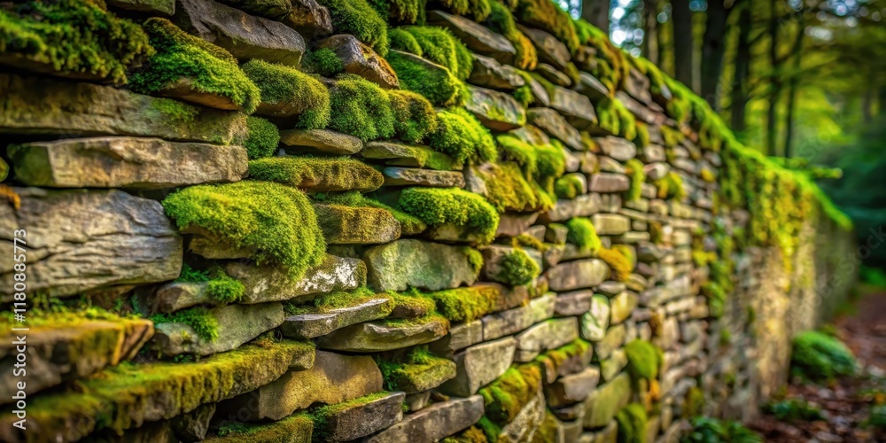 A lush green moss covering a rustic stone wall in a tranquil woodland setting A lush green moss covering a rustic stone wall in a tranquil woodland setting