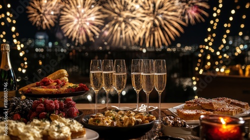 Fototapeta Naklejka Na Ścianę i Meble -  Rooftop New Year's Eve champagne toast with fireworks