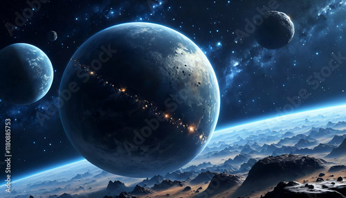 Planetary, outer space, galaxy, stars and meteors. Sci-fi concept, fantasy. 3d illustration